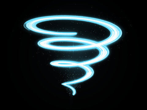 Bright glowing neon blue tornado shape spinning in a dark space representing a powerful weather wind storm movement