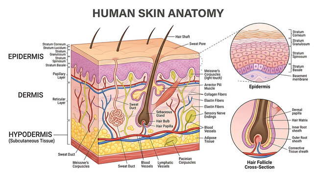 Detailed anatomical illustration showing the various layers of human skin including the epidermis, dermis, and hypodermis