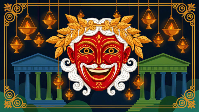 Red Greek comedy mask with golden laurel wreath and white hair. Background includes ancient temples and hanging oil lamps. Classical theater concept for historical and cultural themes.