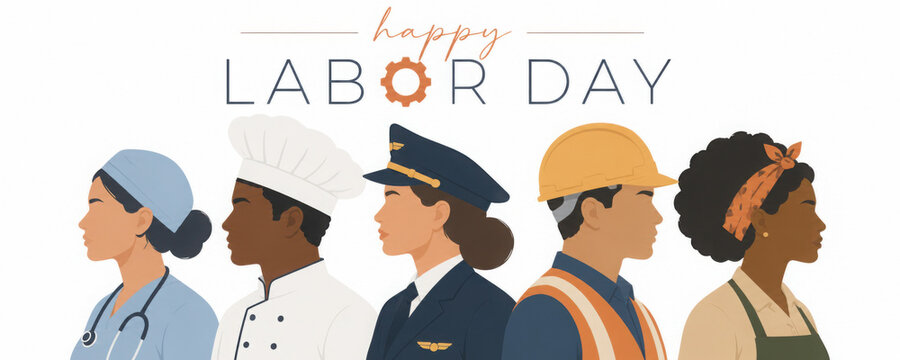 Labor day banner. Modern design. People of different professions together.