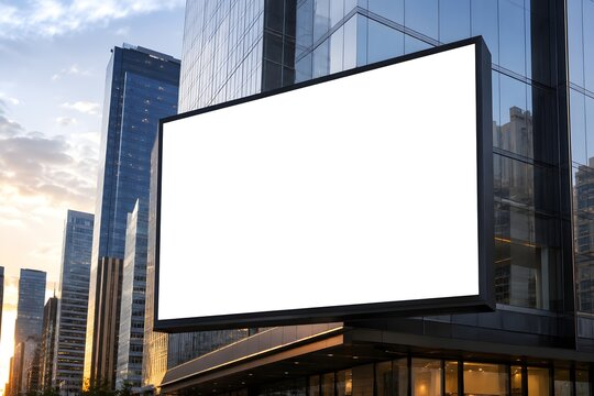 Blank outdoor billboard on modern commercial building at dusk with city architecture and advertising copy space