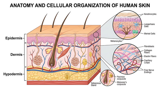 Detailed anatomical structure of the human integumentary system showing skin layers and microscopic cellular organization