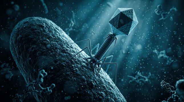 Microscopic view of a bacteriophage virus attaching to and infecting a bacterium
