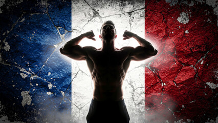 Fototapeta premium Muscular man flexing in front of French flag on cracked wall. Bodybuilder silhouette posing against weathered tricolor background. Athletic power and national pride concept for sports media.