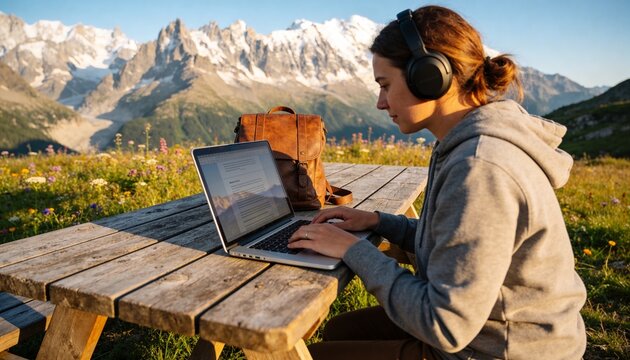 Digital nomad working remotely with a laptop in a scenic outdoor setting