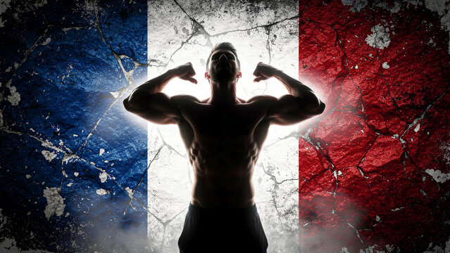 Muscular man flexing in front of French flag on cracked wall. Bodybuilder silhouette posing against weathered tricolor background. Athletic power and national pride concept for sports media.