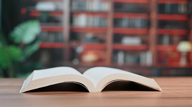 Open book rests on wooden desk inside quiet library interior featuring blurred bookcase bookshelf background. Calm store concept ideal education business at school, nobody present.