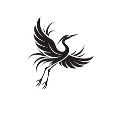 Fototapeta premium Black and white vector illustration of a graceful heron flying with spread wings, silhouette