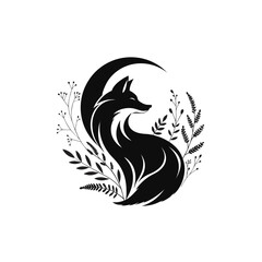 Fototapeta premium Elegant black silhouette fox sitting framed by crescent moon and floral branches with silhouette
