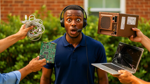 Shocked IT support technician with headset surrounded by broken computer hardware. Hands hold a cracked laptop and cables toward him. Tech burnout concept for IT service and support marketing.