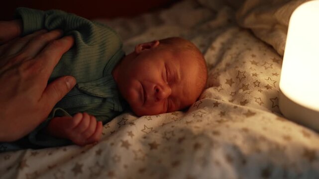 Father caressing crying newborn baby son in his bed at night, loving parent soothing infant child to sleep with gentle touch in a dimly lit cozy bedroom with a warm lamp
