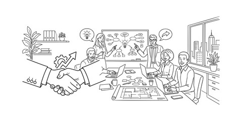 Fototapeta premium Business strategy team meeting planning handshake brainstorm whiteboard presentation office partnership vector line art illustration.