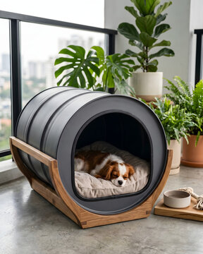 Industrial style pet house repurposed from a metal drum in a balcony.