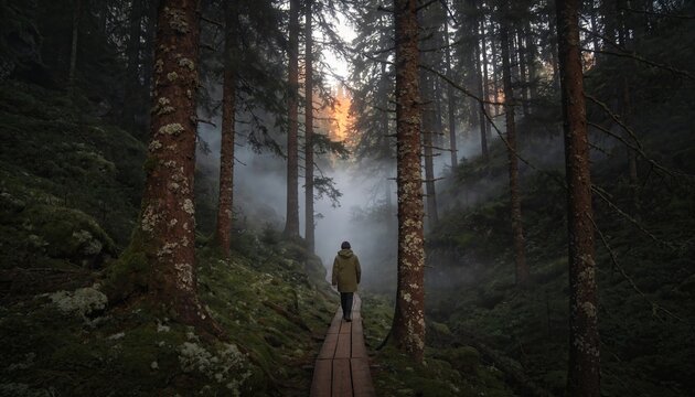 Person walking along a misty forest boardwalk toward light