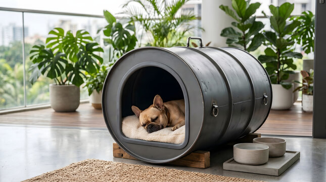 Industrial style pet house repurposed from a metal drum in a balcony.