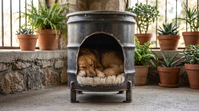 Industrial style pet house repurposed from a metal drum in a balcony.