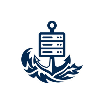 A dark blue icon of a server rack anchored in waves