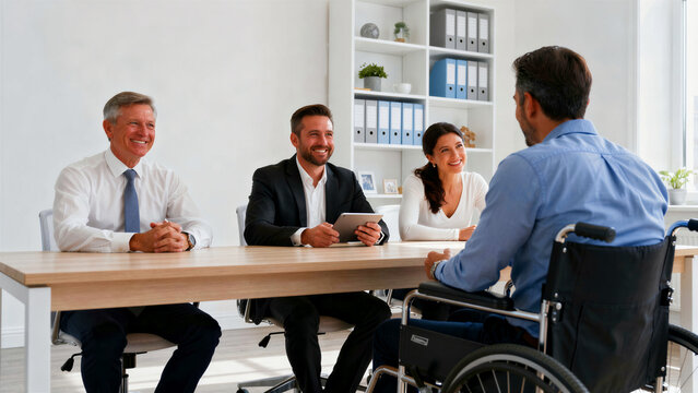 Job interview with panel and candidate in wheelchair. Professionals smiling during recruitment meeting in office. Inclusion and accessibility concept for HR and diversity marketing.