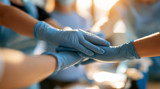 overhead view of a diverse group of volunteers wearing gloves joining hands together at a bright volunteering center, faces angled away from camera, teamwork and readiness