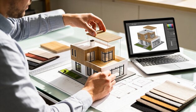 Professional architect developing innovative house model with comprehensive tools