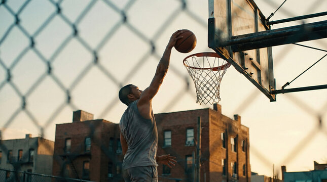 Basketball player soaring for a dunk at urban hoop seen through chainlink fence at sunset