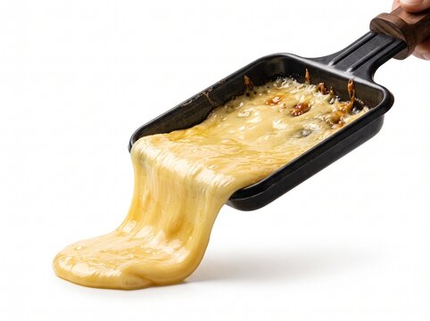 Tilted raclette pan pouring melted cheese isolated on white background