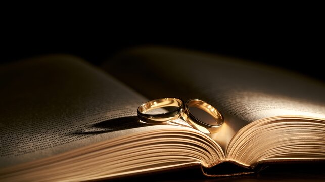 Wedding rings resting on open book symbolising marriage commitment