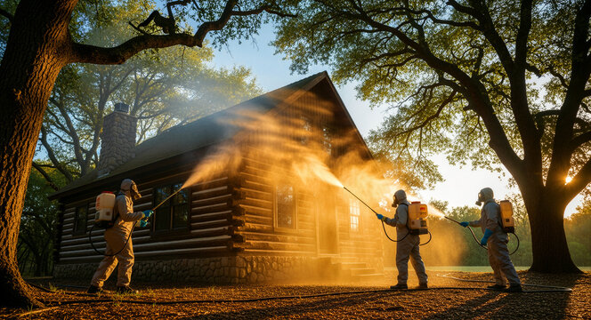 Pest control professionals in hazmat suits spray a wooden log cabin at sunset. Exterminators using backpack sprayers to fumigate an outdoor property. Home maintenance and sanitization service concept.