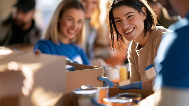 rear view of a group of cheerful volunteers handing over food packages of canned goods and pasta during a bright community support event, backs to camera, assistance to local
