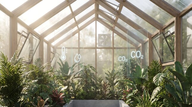 Smart greenhouse interior with digital climate control monitoring icons for temperature humidity and carbon dioxide levels