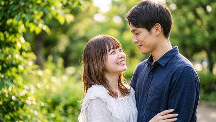 Fototapeta premium Young Asian couple in love smiling and looking at each other outdoors in a park at sunset