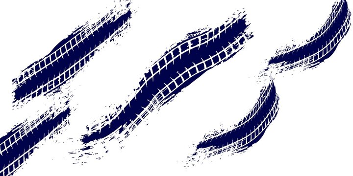 Grunge tire track vector background with curved tread marks, dark blue skid mark elements for automotive motorsport banner, racing sports design, offroad poster template