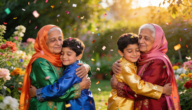Children hugging grandparents during Eid, wearing new silk kurtas and hijabs.