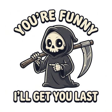 Cute grim reaper holding scythe with funny quote text, skeleton