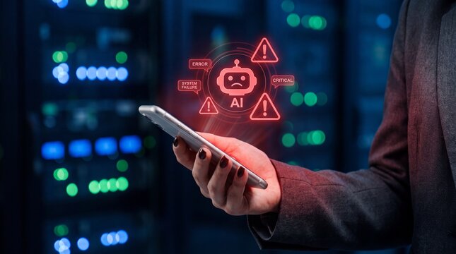 Smartphone displaying holographic AI system failure warning in server room