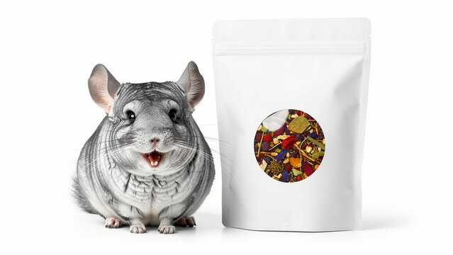 Happy grey chinchilla sitting next to a white pouch of dried herbal food. Pet rodent looking excited beside nutritional snacks on a white background. Healthy pet diet concept for marketing.