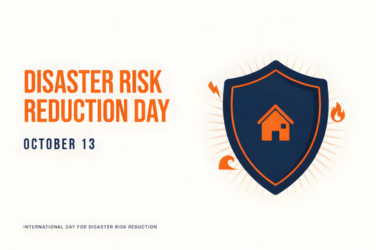 Disaster risk reduction day showing a protective shield with a house fire, and wave symbols on a clean white background area