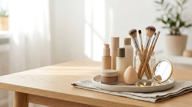 Set of professional makeup brushes and cosmetic skincare products on a wooden table in a bright sunny room. simple makeup tutorial