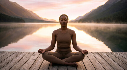Fototapeta premium Woman meditating in lotus pose on lake dock sunrise