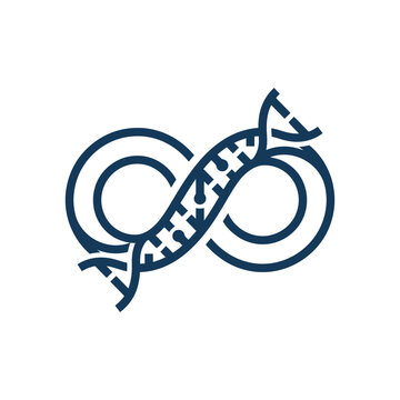 A dark blue icon showing a double helix forming an infinity loop