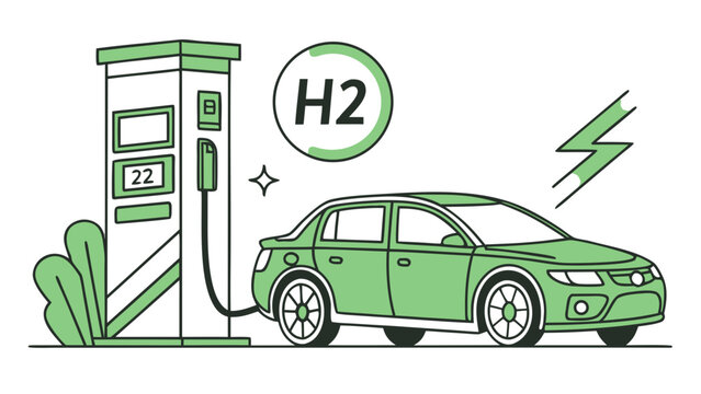 Hydrogen fuel station refuelling green electric car clean H2 energy concept isolated on white background, vector illustration