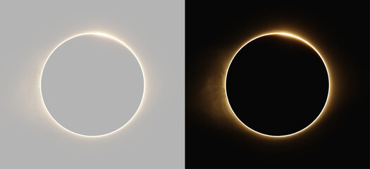 Golden Solar Eclipse Glowing Ring Corona Diamond Ring Effect Light Flare Overlay Isolated on Grey and Black Backgrounds © Olena