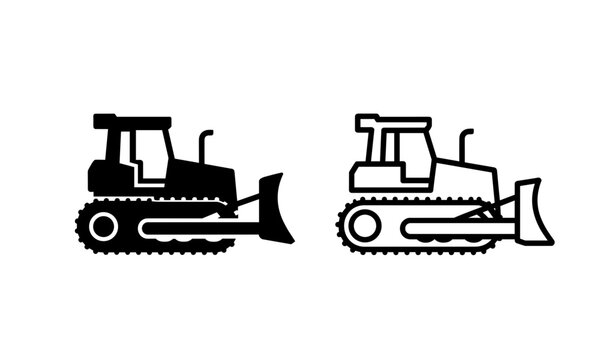 Bulldozer icon set, construction machinery symbols, heavy equipment earthmoving vehicle silhouettes isolated vector design
