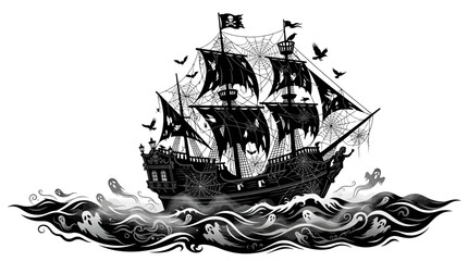 Halloween Vintage pirate ship vector set, retro sailing vessel collection, classic galleon illustration, black and white nautical design art Vector © MstShopna