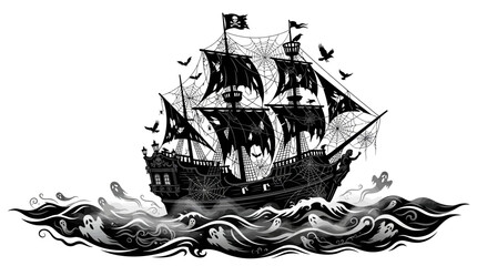 Halloween Vintage Pirate Ship and Ocean Waves, Retro Ink illustration. Old sailing vessel with skull flag, nautical set. Tattoo border, engraving style background © MstShopna