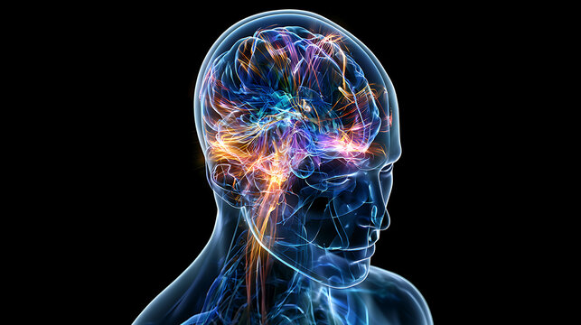 3D rendered anatomical illustration of a human figure with an active brain.