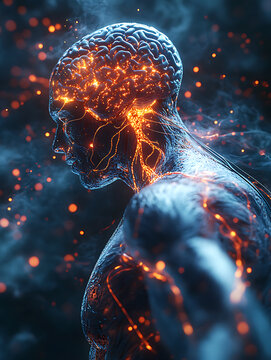 3D anatomical illustration of a human figure with an active, glowing brain against a dark gradient background.