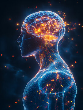 Anatomical depiction of a human figure with an active, glowing brain.
