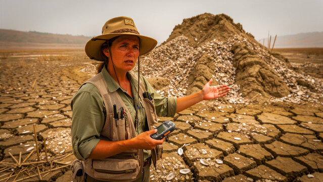 Female scientist gesturing toward shell mound on cracked earth. Researcher holding GPS device in drought-stricken environment. Climate change and ecology concept for environmental news.