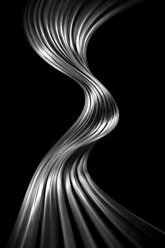 Dynamic flowing metallic silver wave structure on black background 3D render